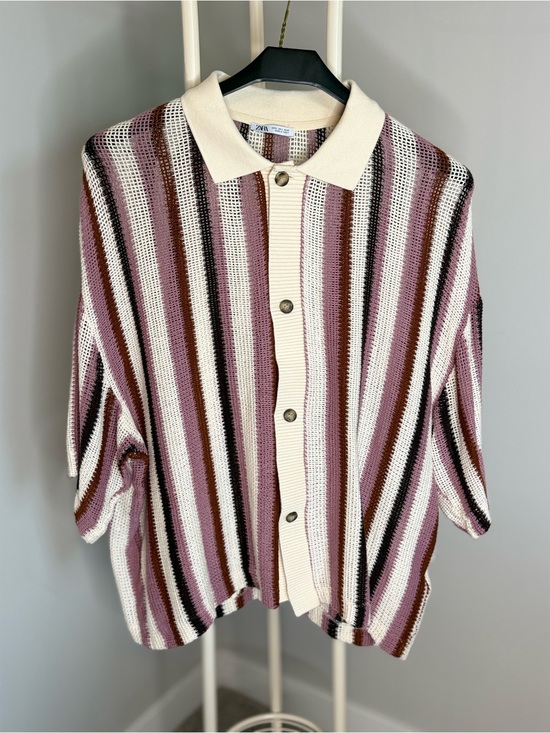 Zara Other - Zara Striped Button-Front Knit shirt and pants set - Cream, Pink & Brown